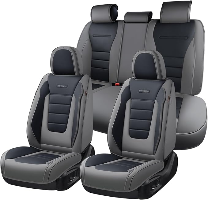 Coverado Car Seat Covers Full Set, Nappa Leather Seat Covers for Cars, Car Seat Protector Car Seat Cushion, Front and Back Seat Protectors Cushions Universal Fit for Most Cars Vehicles(Gray&Black) by COVERADOAUTO