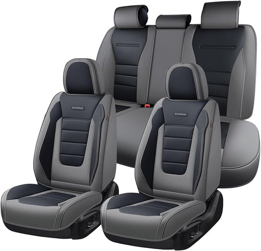 Coverado Car Seat Covers Full Set, Nappa Leather Seat Covers for Cars, Car Seat Protector Car Seat Cushion, Front and Back Seat Protectors Cushions Universal Fit for Most Cars Vehicles(Gray&Black) by COVERADOAUTO
