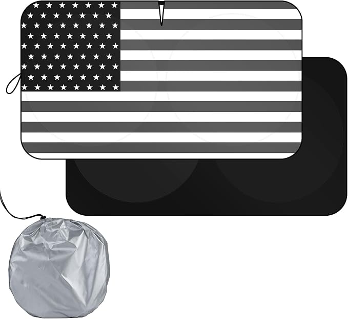 Windshield Sun Shade B&W American Flag USA Patriotic Design - Folding Car Front Window Sunshade for Cars SUV Trucks, Max UV Blocking and Keep The Vehicle Cool by SEPORUD