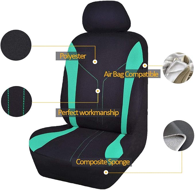 Flying Banner Car Seat Covers 2 Front Seats Mesh Fabric Splicing Polyester Cover Black with Green Color - Image 8