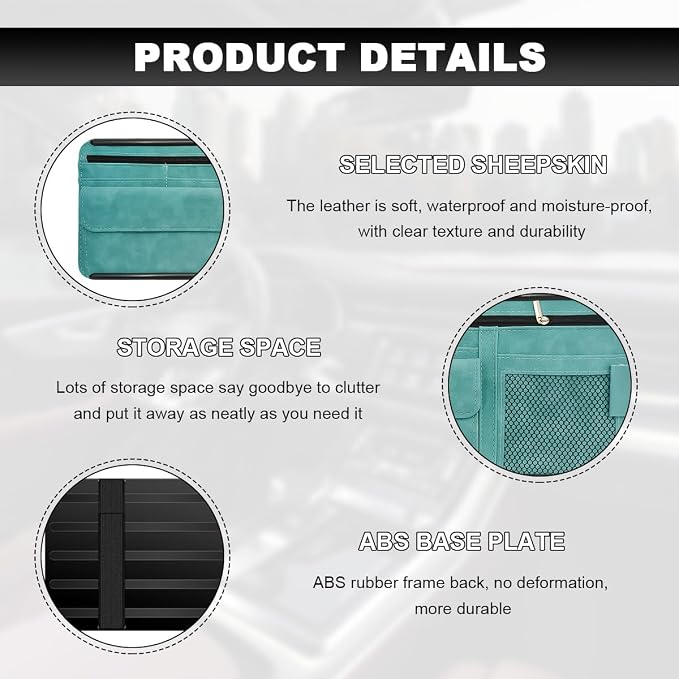 Car Sun Visor Organizer, Leather Sun Visor Pocket Organizer Case with Multi-Pocket Net Zipper, Suede Note Holder Car Visor Storage Pouch for Card Pen Sunglasses Document (Blue) - Image 3