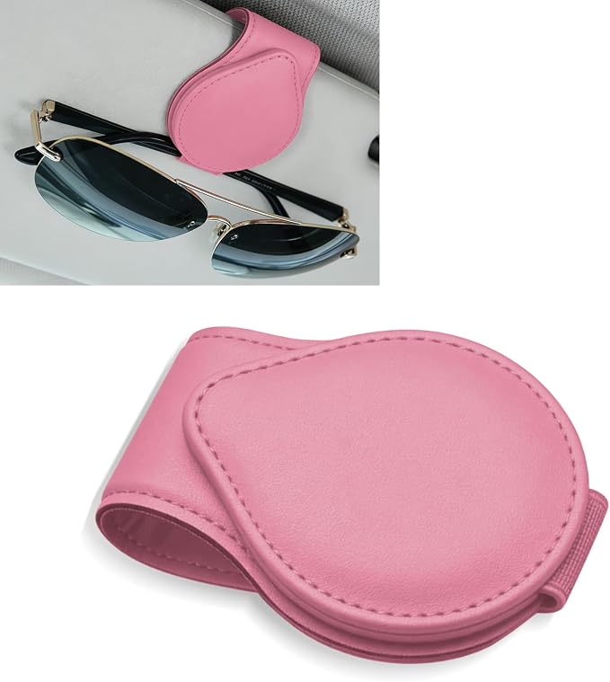 Sunglasses Holders for Car Visor, PU Leather Car Organizer, Magnetic Glasses Holder and Ticket Card Clip, Multi-Functional Auto Sun Visor Eyeglass Holder for Most Vehicles (Pink) by Unknown