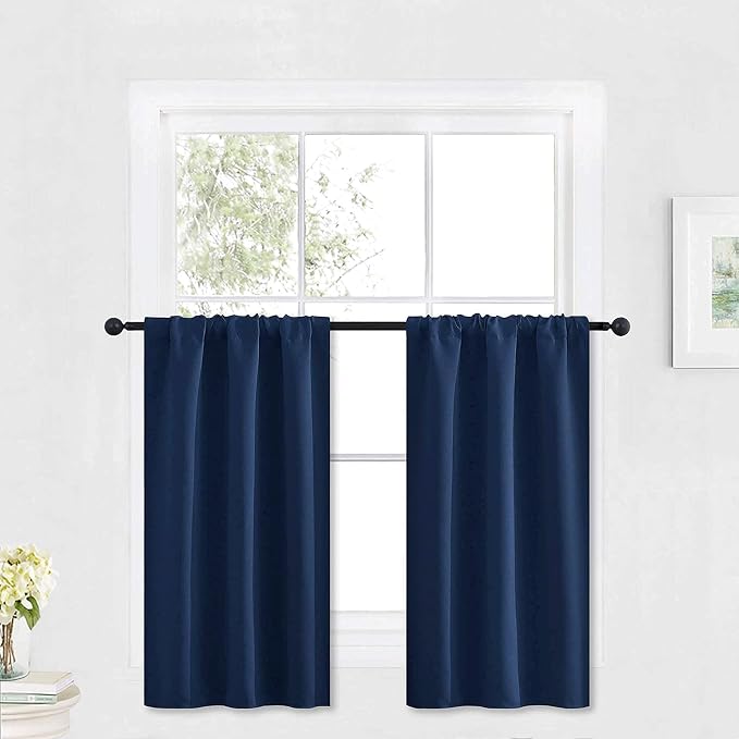 RYB HOME Cafe Blackout Curtains 30 inch Length, Short Window Curtain Tiers | Light UV Heat Blocking,Energy Saving,Privacy Protection,For Basement Bathroom Kitchen Window,W29 x L30,Navy Blue,2 Panels by RYBHOME
