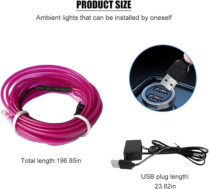 EL Wire Car LED Strip Lights, 16.5FT 5V USB Vehicle Ambient Lighting Kit with Fuse Protection, Automotive Interior Neon Decoration Lamp with 5mm Sewing Edge, Universal Fit (Purple) - Image 2