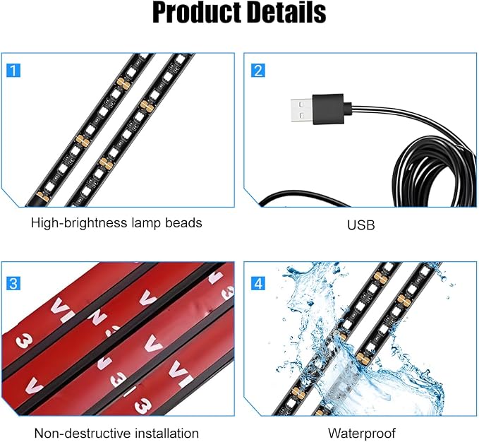 Car LED Strip Light, 12V 24 LED Vehicle Under Dash Neon Ambient Night Decor Lamp with USB Port, Automotive Interior Lighting Accessories, Universal for SUV Truck Sedan (Ice Blue) - Image 4