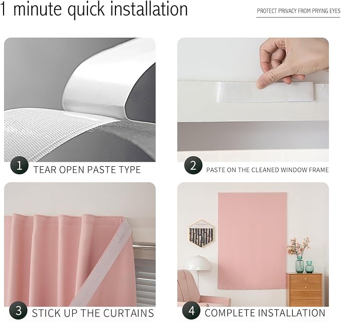 Self Adhesive Blackout Curtains- Stick on Curtains Shades Window Blinds Curtains No Rod Needed Easy to Hang Curtains, Use for Bedroom, Living Room,roman shades, 35"W X 59"L, Pink, 2 Panels - Image 3