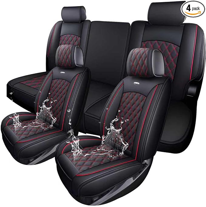 Truck Seat Covers for Chevy Silverado GMC Sierra 2007-2026 1500 | Custom Fit 2500HD 3500HD Trail Boss Z71 Pickup Crew Double Extended Cab Waterproof Leather Full Set Black-Red by Aierxuan