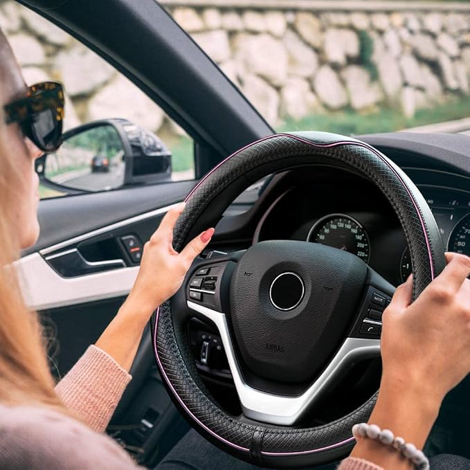 Rueesh Pink Steering Wheel Cover Microfiber Leather Universal 14.5-15 Inch | Anti-Slip Car Wheel Cover for Women and Men, Durable, Breathable Embossing, Soft Padding - Image 7