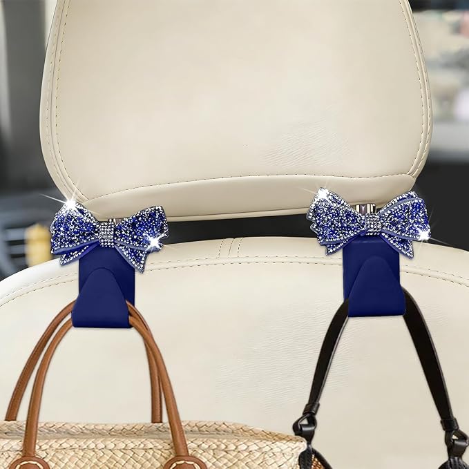Zpana Bling Car Headreat Hook, 2PCS Crystal Rhinestone Cute Bow Vehicle Seat Back Hanger Storage for Purses Bags Grocery, Diamond Auto Rear Seat Organizer, Universal for SUV Truck Sedan (Blue) | PVC construction, rhinestone bow design, compact rear sea... - Image 5