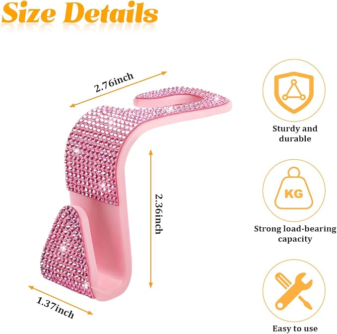 HZEL 4PCS Crystal Rhinestone Vehicle Headrest Hooks for Bags, Pink | plastic and rhinestone build, snap-on headrest mounting, holds bags and umbrellas, uses seatback space, fits vehicles - Image 2