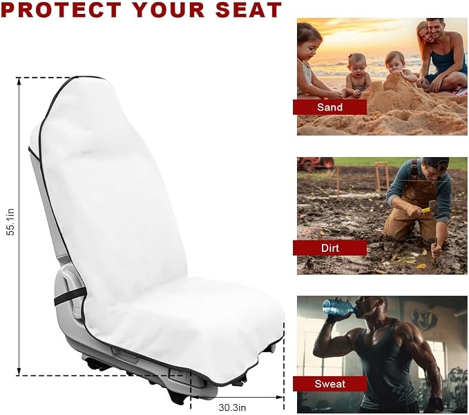 Car Towel Seat Cover, Waterproof Non-Slip Front Seat Protector for Post Gym Workout Beach Hiking, Sweatproof Washable Bucket Seat Protective Cover for Car SUV Truck Sedan (White) - Image 2