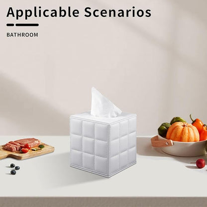 Tissue Box Cover Square,Stylish PU Leather Tissue Box Holder for Dresser Bathroom,Facial Tissue Holder with Magnetic Bottom for Home Office (White) - Image 6