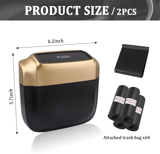 IHOTDER 2PCS Car Trash Can with Lid + 60PCS Garbage Bag,Mini Trash Can Car Interior Accessories,Multifunctional ABS Car Organizers and Storage (Gold) - Image 2