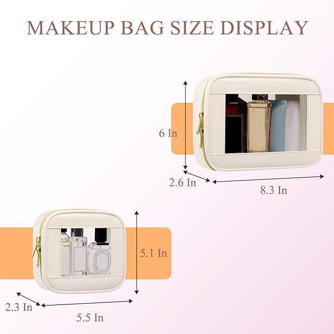 2-Piece Leather Clear Makeup Bags Set - Waterproof Clear Cosmetic Bag Case with Zipper, Transparent TSA Approved Toiletry Bag for Travel, Car Accessories for Women (Beige-2, Mini+Medium) - Image 2