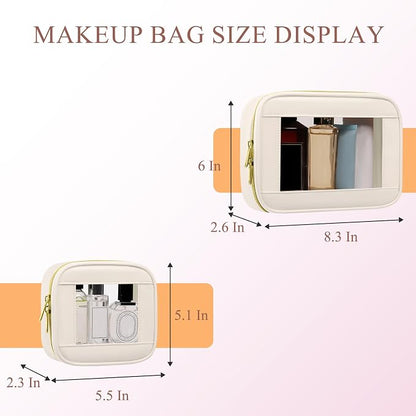 2-Piece Leather Clear Makeup Bags Set - Waterproof Clear Cosmetic Bag Case with Zipper, Transparent TSA Approved Toiletry Bag for Travel, Car Accessories for Women (Beige-2, Mini+Medium) - Image 2