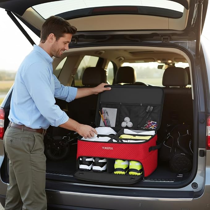 YOREPEK Golf Gifts for Men, 2 Layer Golf Trunk Organizer for 2 Pair Shoes | Waterproof Car Trunk Locker with Separate Ventilated Compartment for Balls, Tees, Clothes, Gloves, Birthday Gifts for Golfers - Image 3