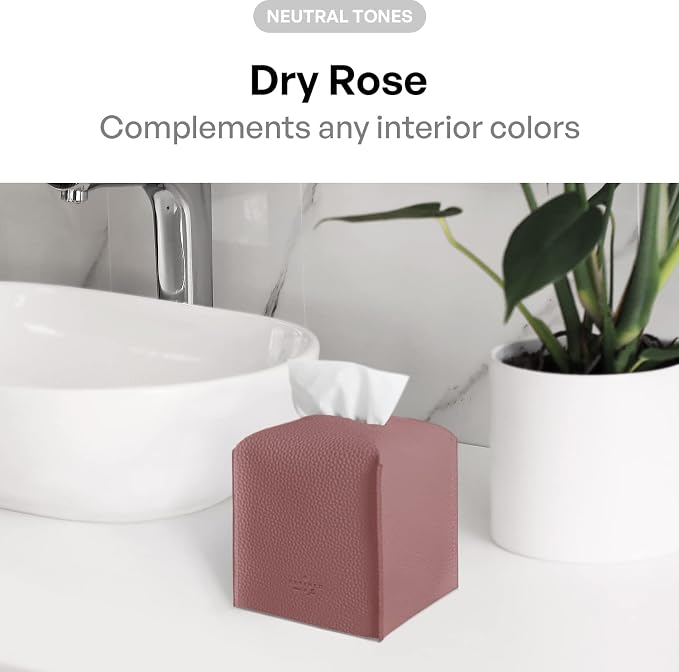 Carrotez Tissue Box Cover, [Refined] Modern PU Leather Square Tissue Box Holder - Decorative Holder/Organizer for Bathroom Vanity Countertop, Night Stands, Office Desk & Car 5"X5"X5" - Dry Rose - Image 3