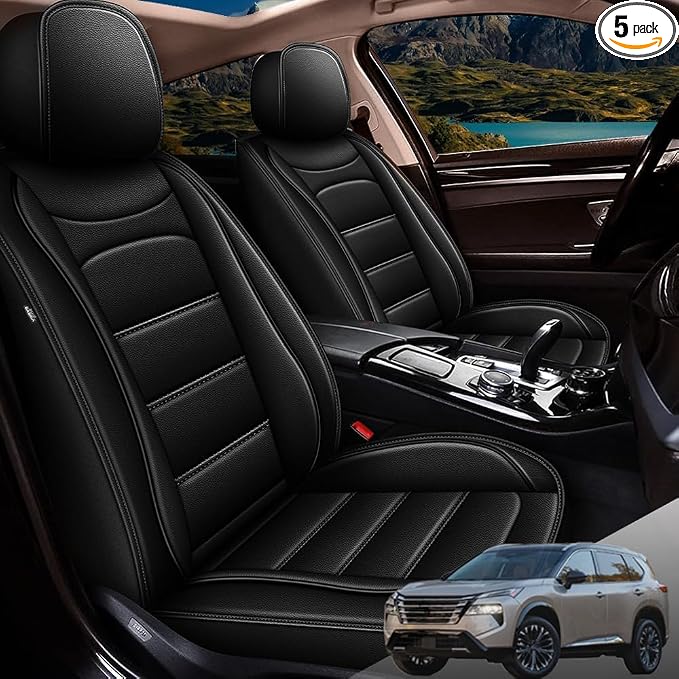 Car Seat Covers Full Set Custom Fit for Nissan Rogue 2014-2020 | Faux Leather Seat Covers Breathable Waterproof Seat Protectors Automotive Seat Cushion with Airbag Compatible Black, 5 Seats by RAWAKORW