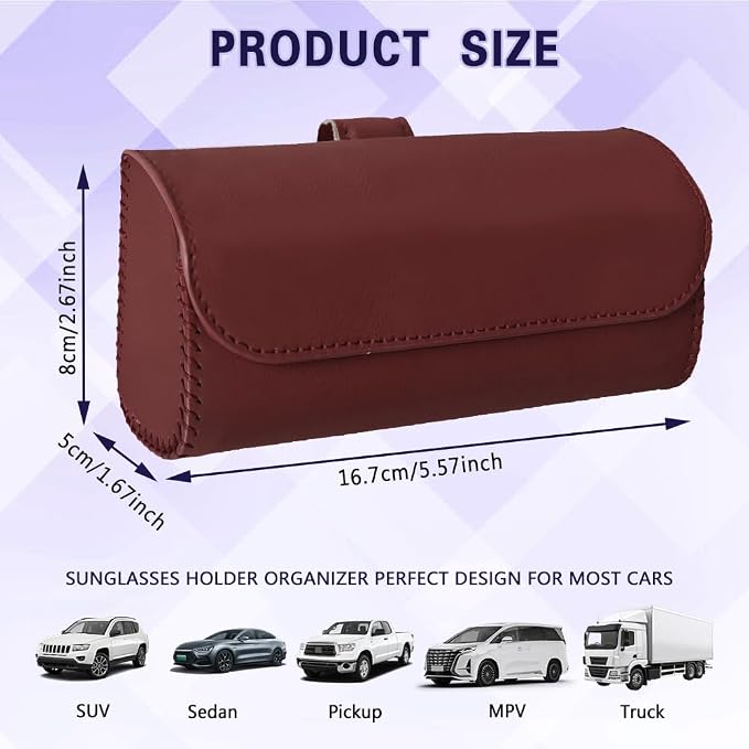 Sunglasses Holder for Car Sun Visor, Sunglass Organizer for Car, Magnetic Leather Eyeglasses Protective Storage Case, Waterproof Glasses Organizer Visor Accessories for Vehicles (Wine Red) - Image 2