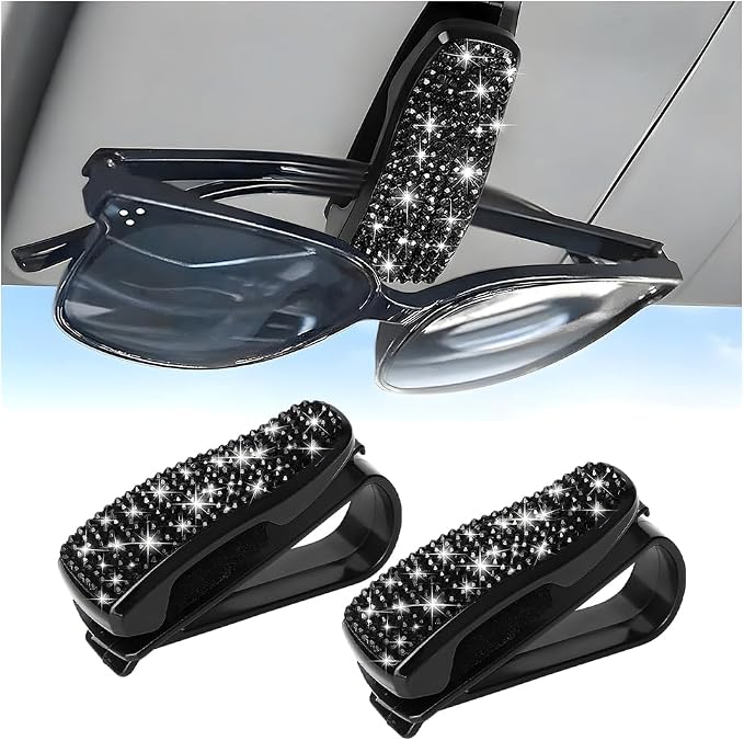 HZEL 2PCS Bling Sunglasses Holder for Car Visor, Crystal Rhinestone Sun Visor Eyeglasses and Ticket Card Mount Clip, Shiny Diamond Auto Glasses Hanger Holder, Universal for Vehicles (Black) by Unknown