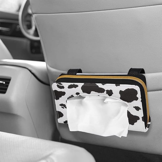 Biyejit 2 Pack Car Tissue Holder, Black and White Cow Print Sun Visor Napkin Holder, Car Visor Tissue Holder, PU Leather Backseat Tissue case Holder for car, Vehicle - Image 4
