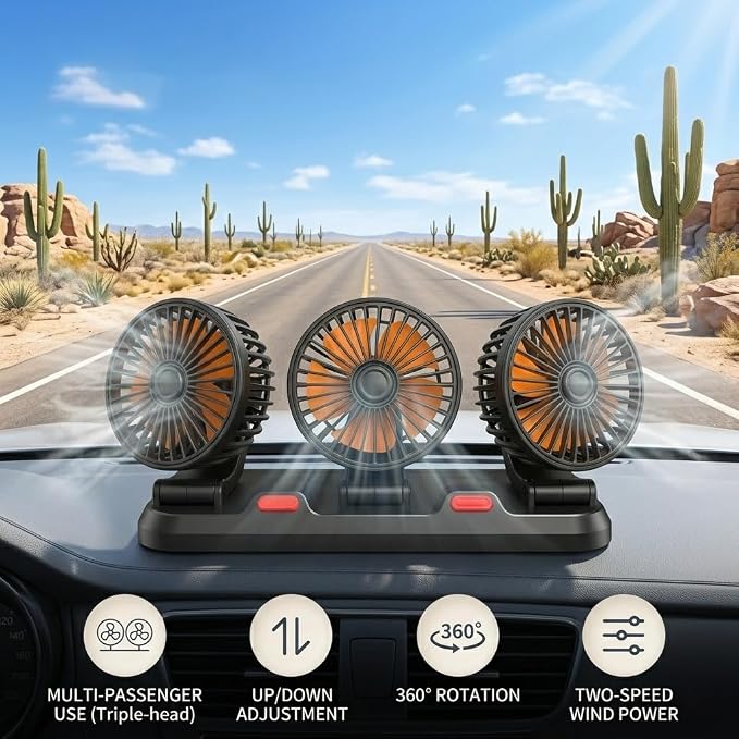 24V Heavy Duty Car Cooling Fan with Cigarette Lighter Plug, 3-Head High Speed Fan, 2-Speed Adjustable, 360° Rotating, Powerful Airflow for Semi Truck Tractor Bus RV Construction Vehicle - Image 8