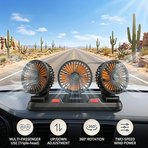 Triple-Head Car Fan, 12V Portable Vehicle Fan with 360° Rotation & Quiet Motor, 3-Speed Adjustable Air Circulator for Car Truck SUV RV, Cigarette Lighter Plug & Play - Image 3
