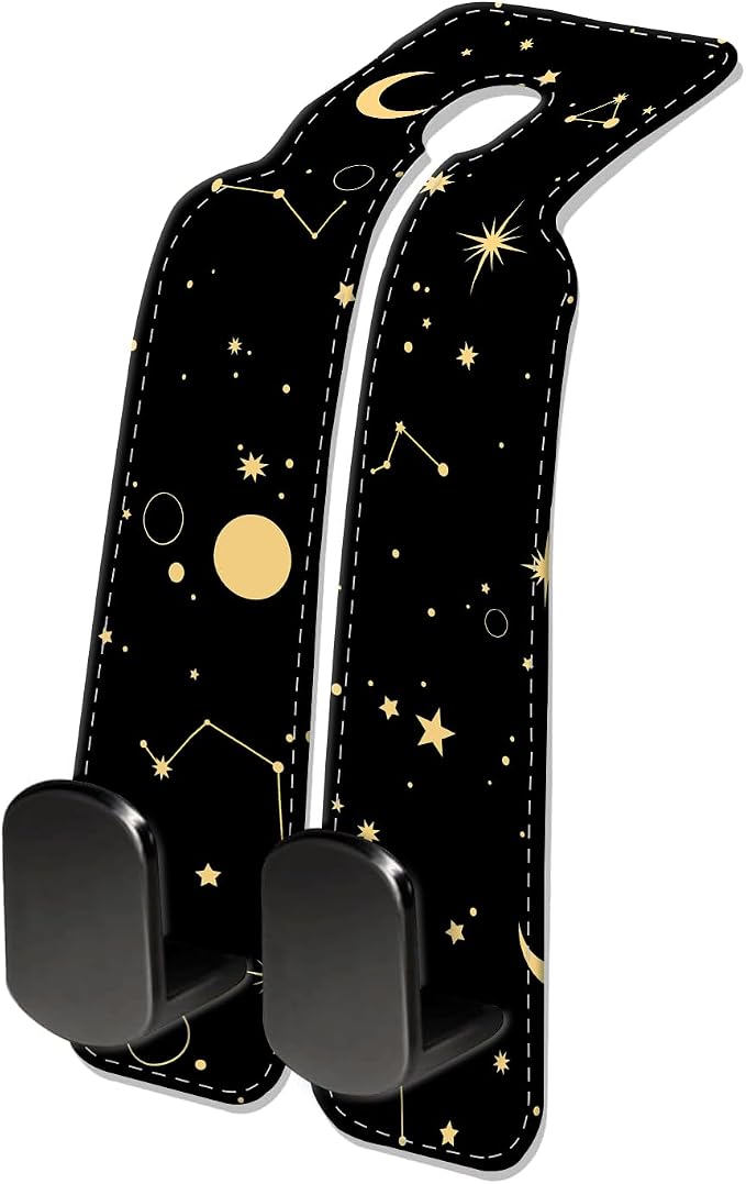 Car Seat Headrest Hook, Universal Leather Cute Hanger Holder Hook, Storage Organizer Interior Accessories for Purse Bags Handbag Black Yellow Sun Moon by NUGGHU