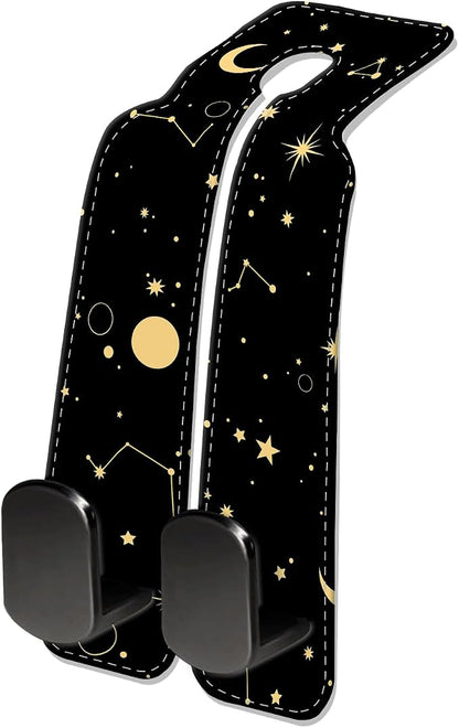 Car Seat Headrest Hook, Universal Leather Cute Hanger Holder Hook, Storage Organizer Interior Accessories for Purse Bags Handbag Black Yellow Sun Moon by NUGGHU