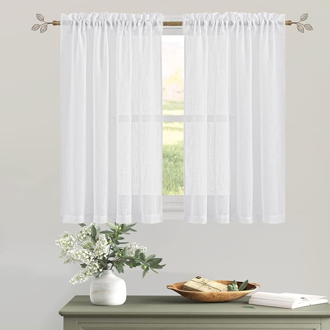 RYB HOME White Semi Sheer Curtains 54 inches Long for Living Room | Light Filtering, Privacy Protection, Linen Textured, for Bathroom Office Study Room, White, W42 x L54, 2 Panels - Image 6