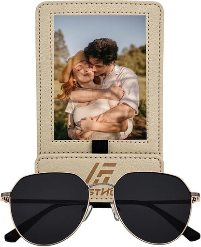 Magnetic 2-in-1 Sunglass & Photo Holder for Car Visor, Leather Anti-Slip No-Fall No-Slide, Fits SUV Truck RV by Unknown