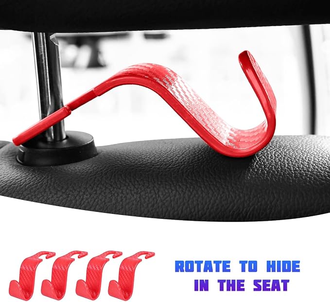 4 Pack 4.13 Inch Carbon Fiber Car Seat Headrest Hooks, Red | plastic body, supports up to 55 lb, tool-free post fit, rotates beneath headrest when idle, interior storage accessory - Image 5