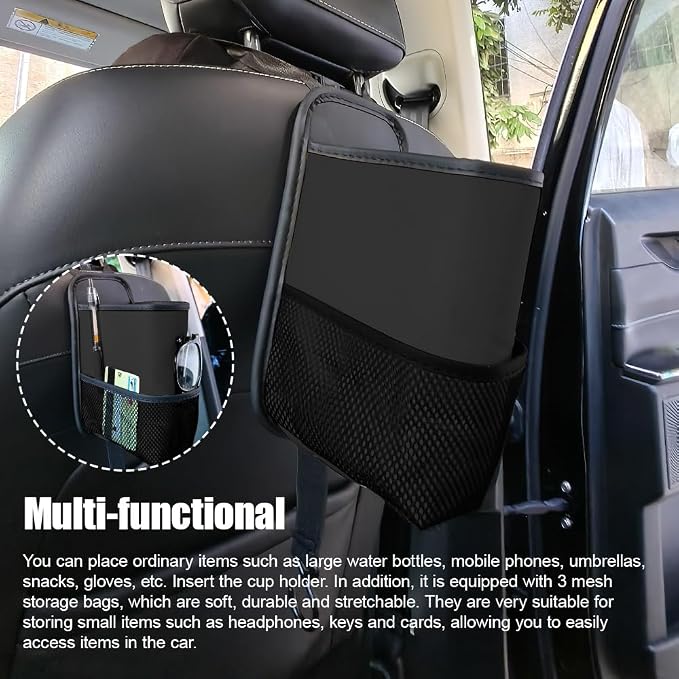 2-in-1 Large Cup Holder, Car Water Bottle Holder, 80 oz Waterproof Leather Car Seat Side Organizer, Multifunctional Seat Side Storage Hanging Bag with Mesh Pocket Fit for Most Vehicles (Black) - Image 5