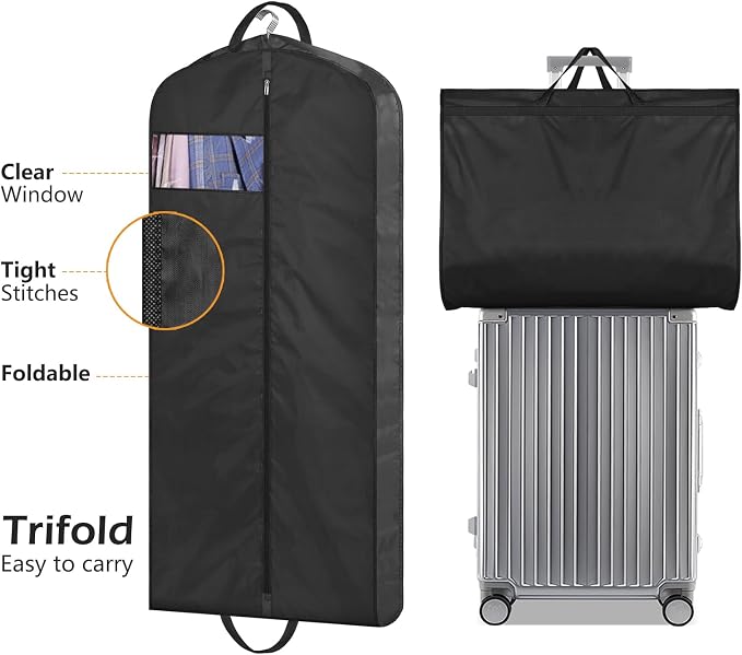 MISSLO 43" Mens Garment Bags for Travel Waterproof Suit Bags for Closet Storage for Shirts, Jackets, Coats, Black, 2 Packs - Image 7