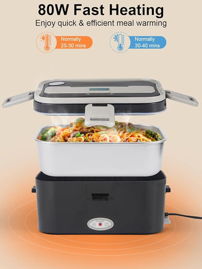 SOHIDA 1.8L+0.5L Heated Lunch Box for Men, 80W Electric Lunch Box with Long-handled Utensils for Adults, 12V/24V/110V Lonchera Eléctrica Portátil, Portable Food Warmer for Car/Truck/Office (B/G) - Image 3