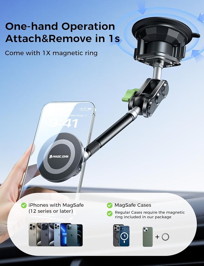 MAGIC JOHN Magnetic Car Phone Holder, Windshield Metal Suction Cup Mount | 360 Degree Rotatable, Strong Suction & Magnetic Force, Solid Metal Frame, Easy Installation - Image 4