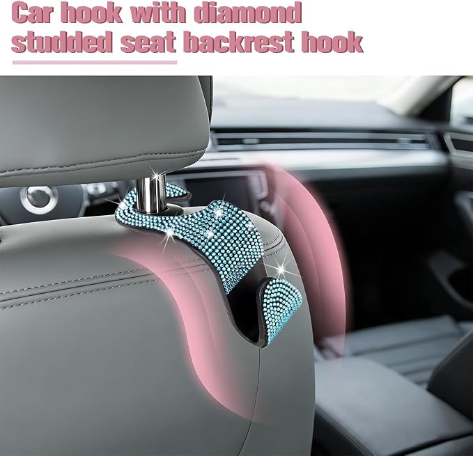 4PCS Bling Car Seat Headrest Hook, Crystal Rhinestone Backseat Hanger Organizer for Purse Handbag Umbrella, Shiny Auto Interior Seat Back Storage Holder Hook, Universal Fit (Blue) - Image 5