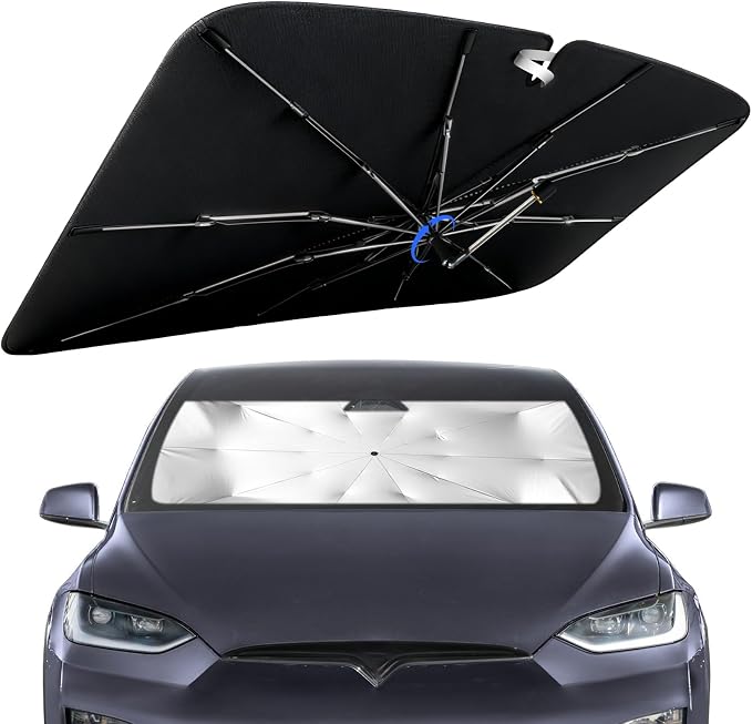 Windshield Sun Shade for Tesla Model X 2016-2026 with 360° Rotating Shaft | Custom Fit Umbrella Sunshade for UV Blocking, Interior Heat Protection, Easy Storage, UPF 50+ Cool Windshield Cover by Lonyaqui