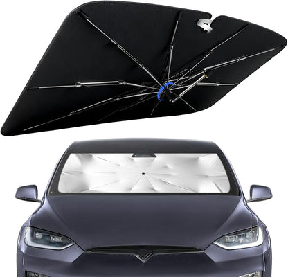 Windshield Sun Shade for Tesla Model X 2016-2026 with 360° Rotating Shaft | Custom Fit Umbrella Sunshade for UV Blocking, Interior Heat Protection, Easy Storage, UPF 50+ Cool Windshield Cover by Lonyaqui