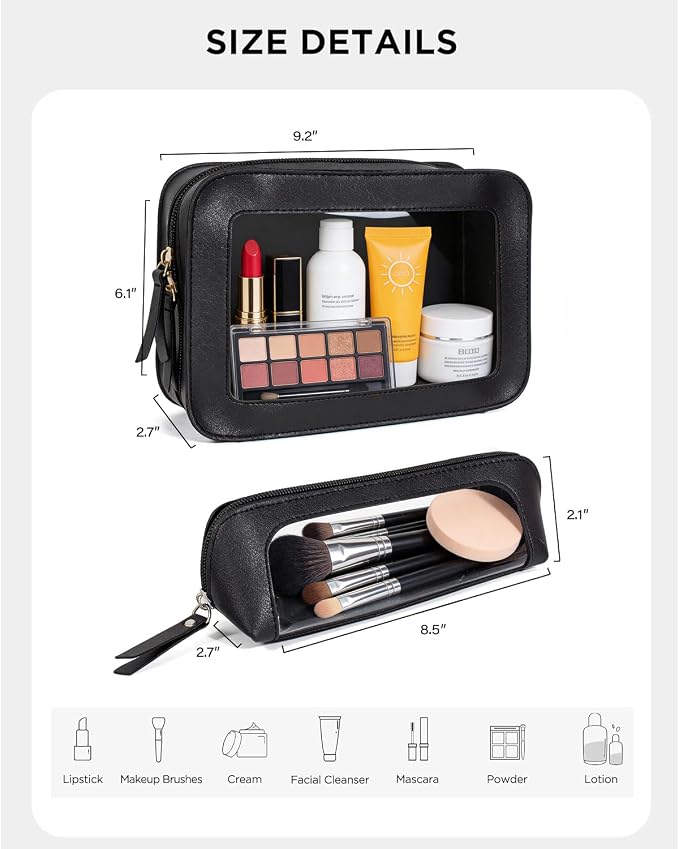 2Pack Clear Makeup Bags, Portable Clear Makeup Brushes Bag Case Travel Car Accessories Essentials,Slim Makeup Pouch for Purse for Women (2Pack-Black Set) - Image 6