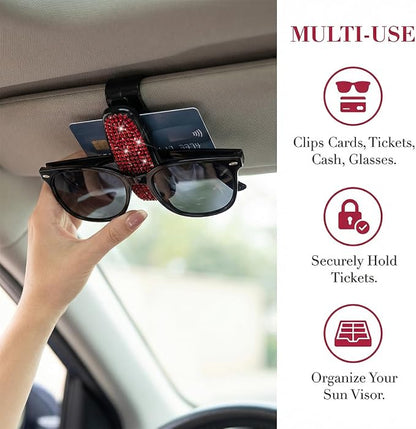 HZEL 2PCS Bling Sunglasses Holder for Car Visor, Crystal Rhinestone Sun Visor Eyeglasses and Ticket Card Mount Clip, Shiny Diamond Auto Glasses Hanger Holder, Universal for Vehicles (Lake Blue) - Image 3
