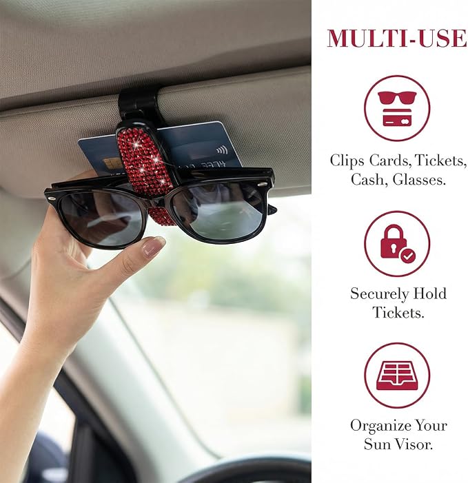 HZEL 2PCS Bling Sunglasses Holder for Car Visor, Crystal Rhinestone Sun Visor Eyeglasses and Ticket Card Mount Clip, Shiny Diamond Auto Glasses Hanger Holder, Universal for Vehicles (Dark Green) - Image 3