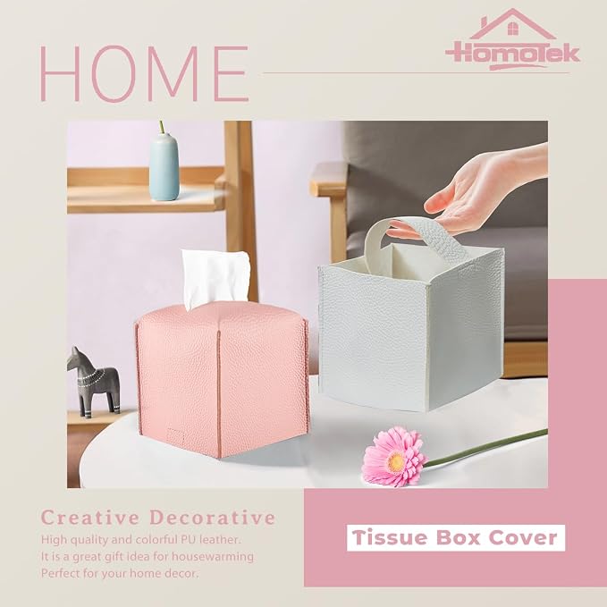 HOMOTEK 2 Pack Tissue Box Cover, Square PU Leather Tissue Holder, Decorative Facial Tissue Cube Paper Organizer Dispenser for Bathroom, Night Stands, Desk, Car 5X5X5'' - Dusty Rose, Pebble Grain - Image 4