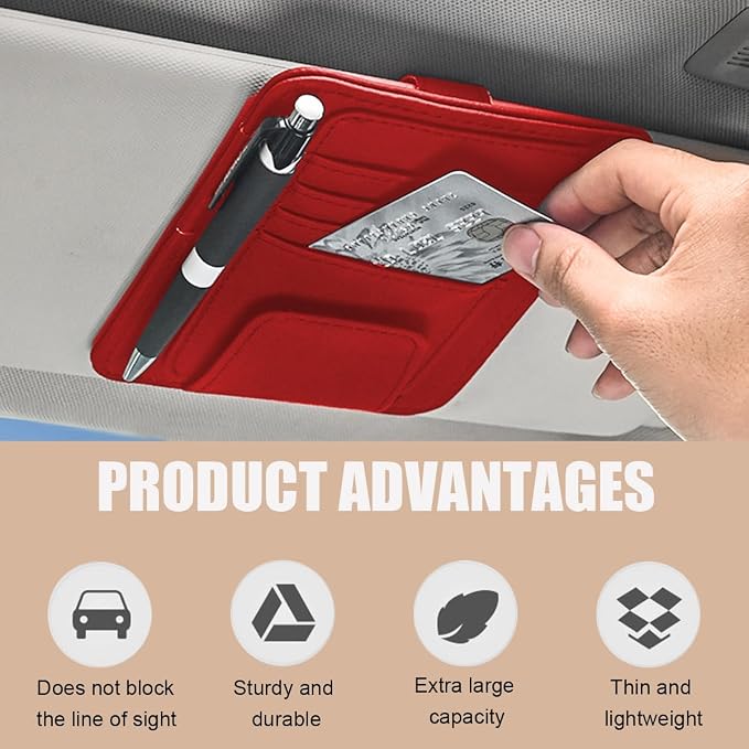 Augeny 2 PCS Car Sun Visor Organizer, Small Auto Visor Organizer and Storage, Registration and Document Holder for Sunglasses, Card, Pen, Driver License, Car Accessories (Red) - Image 4