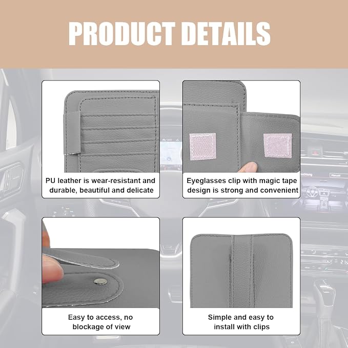 Augeny 2 PCS Car Sun Visor Organizer, Small Auto Visor Organizer and Storage, Registration and Document Holder for Sunglasses, Card, Pen, Driver License, Car Accessories (Gray) - Image 3