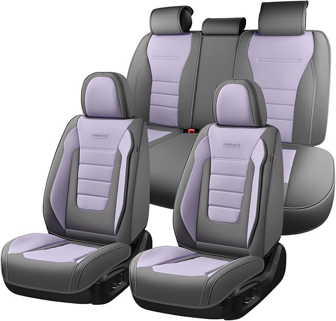 Coverado Car Seat Covers Full Set, Nappa Leather Seat Covers for Cars, Car Seat Protector Car Seat Cushion, Front and Back Seat Protectors Cushions Universal Fit for Most Cars Vehicles(Gray&Purple) by COVERADOAUTO