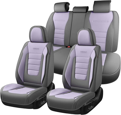 Coverado Car Seat Covers Full Set, Nappa Leather Seat Covers for Cars, Car Seat Protector Car Seat Cushion, Front and Back Seat Protectors Cushions Universal Fit for Most Cars Vehicles(Gray&Purple) by COVERADOAUTO
