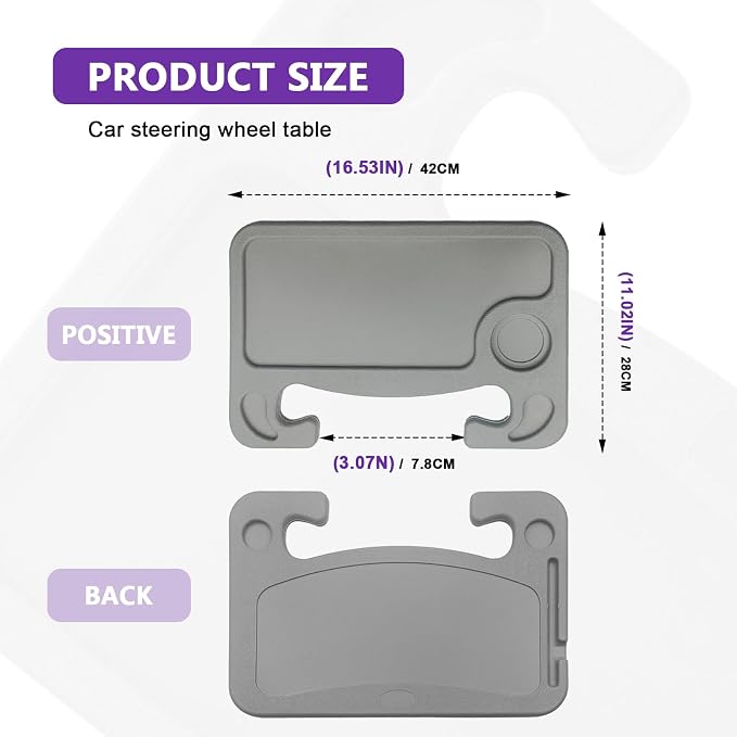 Car Steering Wheel Desk Tray for Laptop and Eating 2 in 1 Multipurpose Travel Accessory with Drink and Pen Holder Compatible with Most Vehicles Grey - Image 2