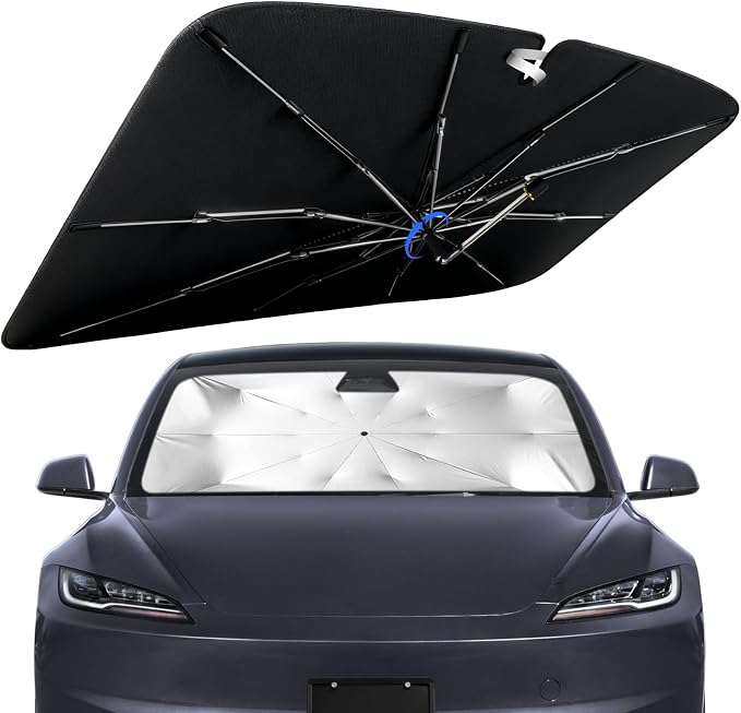 Windshield Sun Shade for Tesla Model 3 2018-2026 with 360° Rotating Shaft | Custom Fit Umbrella Sunshade for UV Blocking, Interior Heat Protection, Easy Storage, UPF 50+ Cool Windshield Cover by Lonyaqui