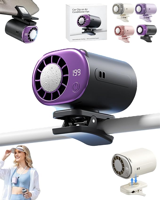 2026 Car Clip on Air Conditioner Fan with LED Display Portable Mini Cooling System 360° Rotation Adjustable 200 Speeds Rechargeable Handheld Gadget 16℃ Semi Wide Clamp for Vehicle Shirt Waist(Gray) by Unknown